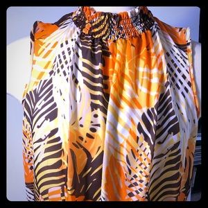 Sheer Yellow Floral Sleeveless Mock Neck Shell Top